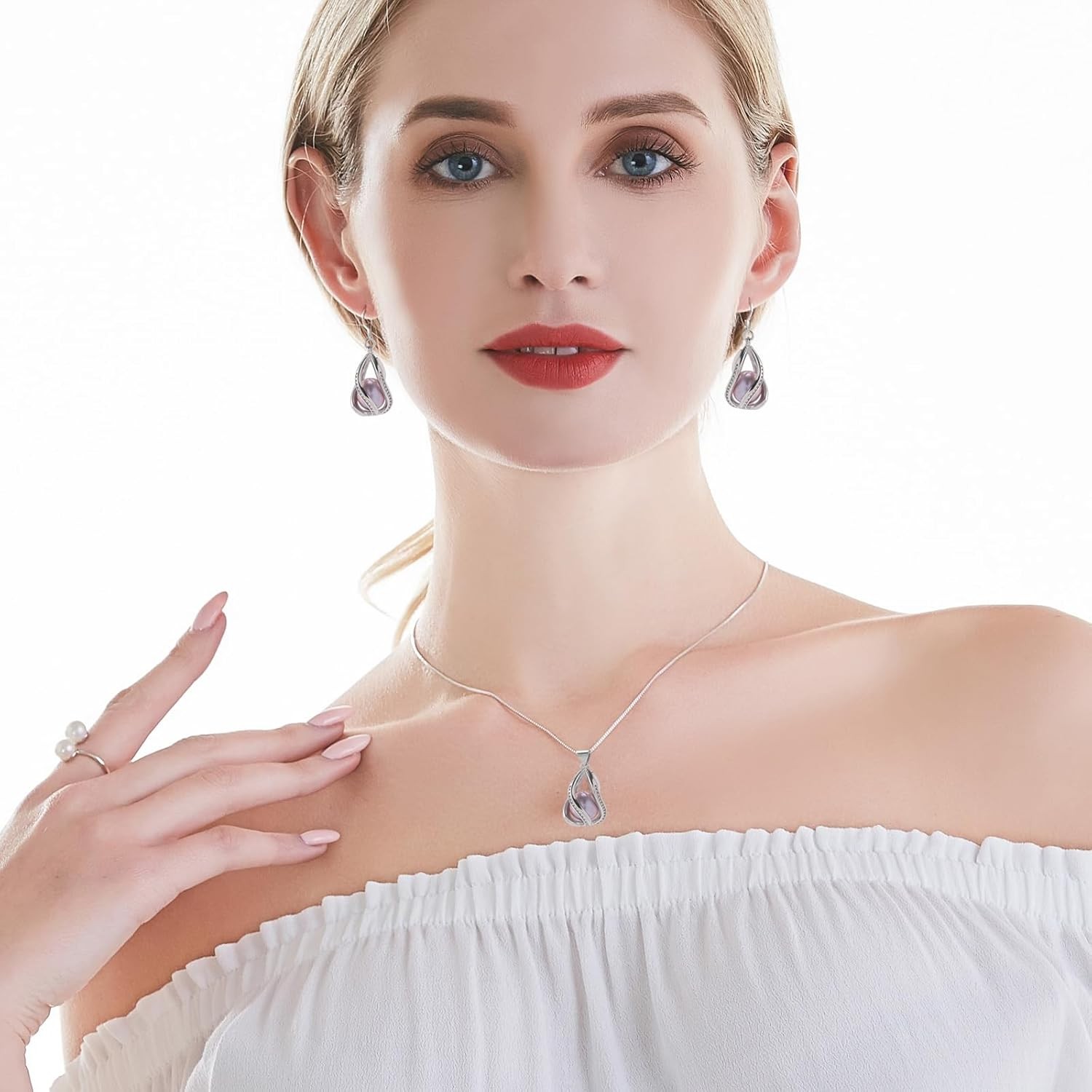 Pearl Jewelry Set for Women – Necklace & Earrings, Sterling Silver / Gold Plated