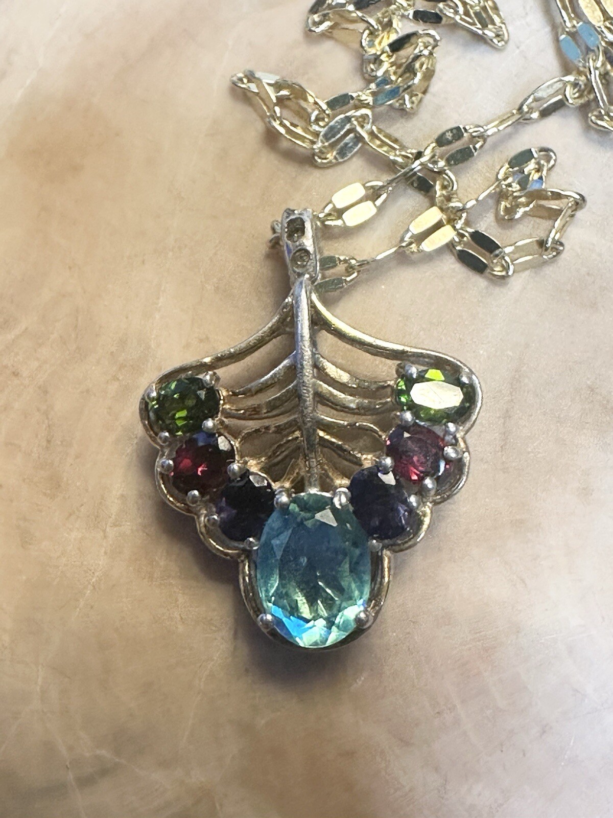 Peacock Quartz Amethyst Garnet Peridot Vermeil Gold 925 Silver Necklace 18 In