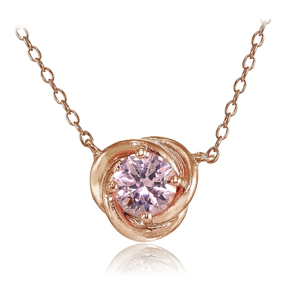 Rose Gold Tone over Silver Simulated Pink Tourmaline Round Love Knot Necklace