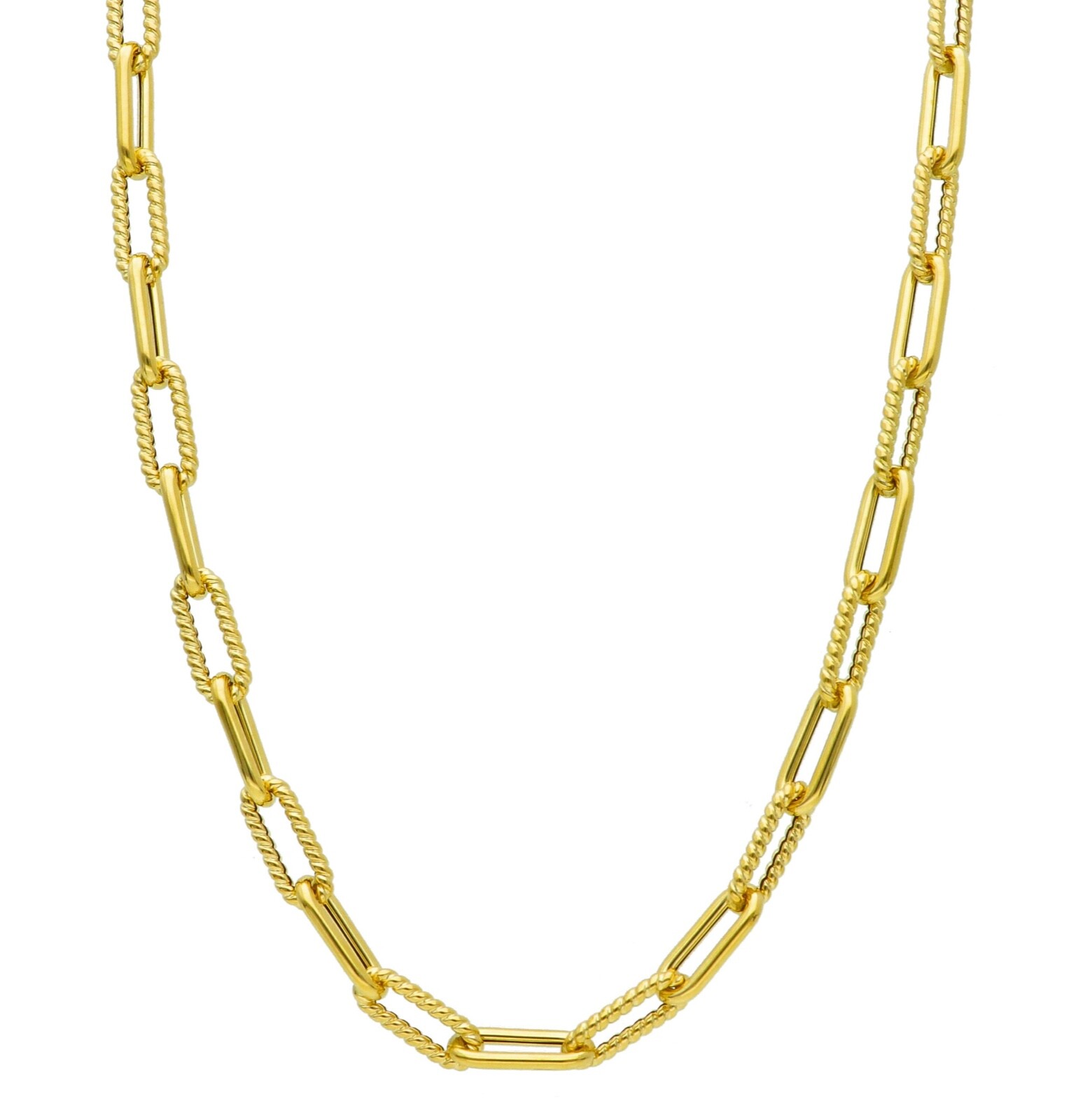 18K YELLOW GOLD NECKLACE PAPER CLIP 5x15mm ALTERNATE STRIPED SMOOTH OVALS, 18″