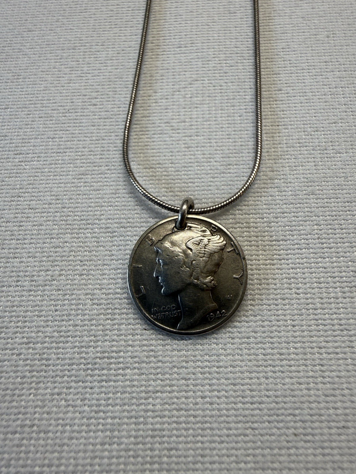 1942 Sterling Silver Coin Pendant On 18” Snake Chain 925 Sterling Silver