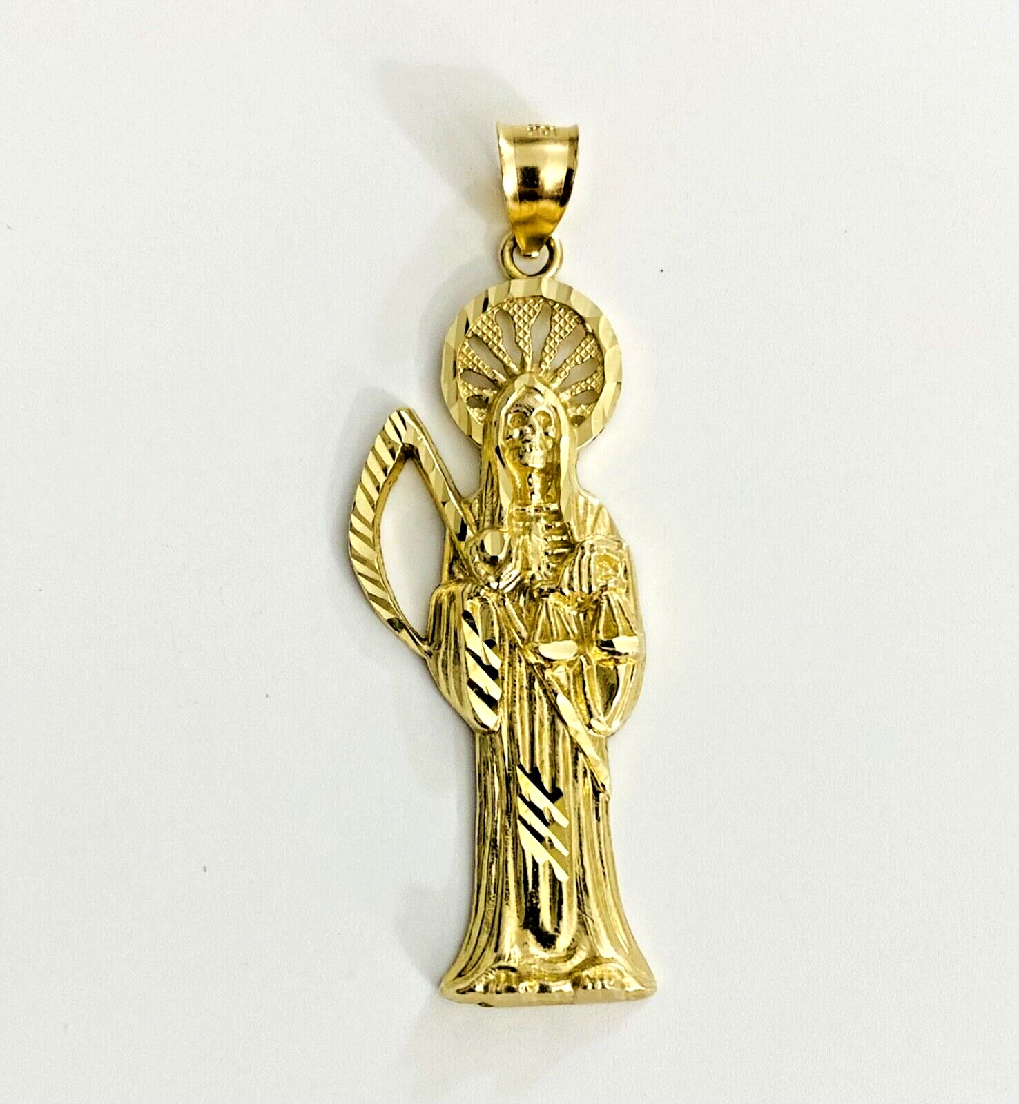 10K Solid Gold Santa Muerte Pendant – 2.2″ 10K Real Gold Grim Reaper – PA15