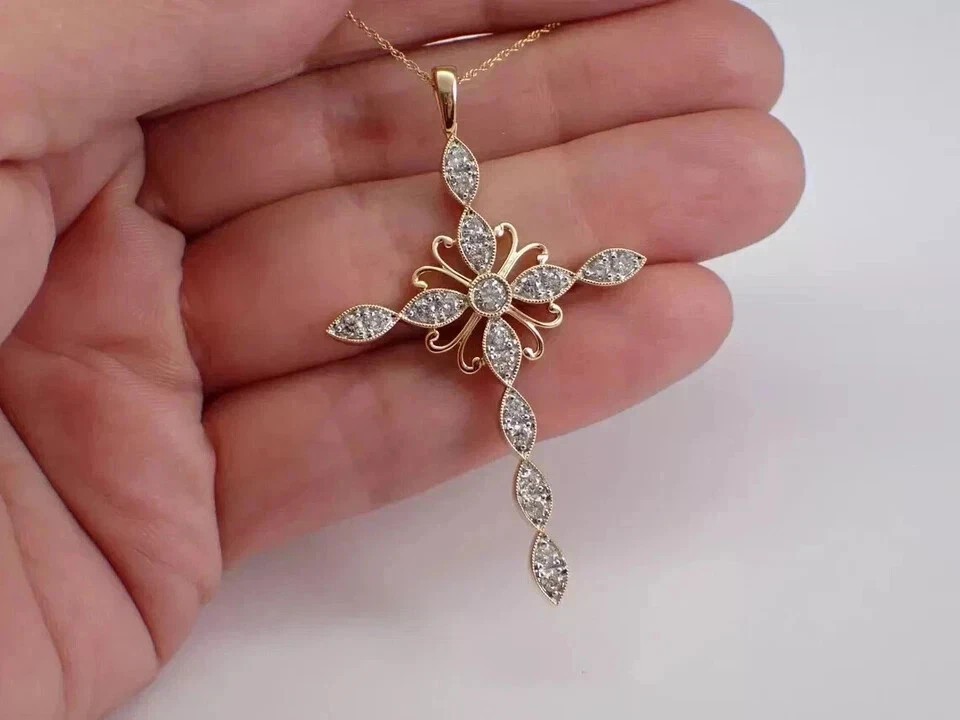 Moissanite Cross Pendant 2CT Round Cut 14K Yellow Gold Plated