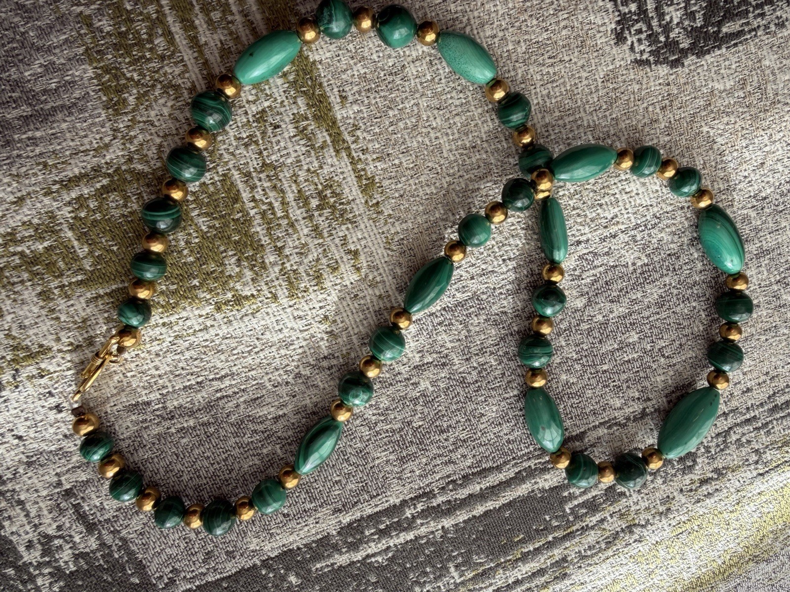 Vintage Malachite Barrel and BeadNecklace with Gold plated Brass beads. 23 inch