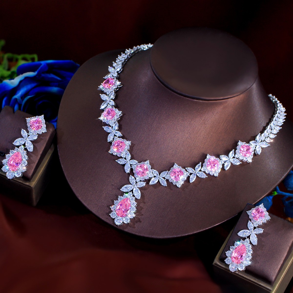 Pink Sapphire Crystal Necklace & Earrings Set Silver Tone Bridal Statement Jew