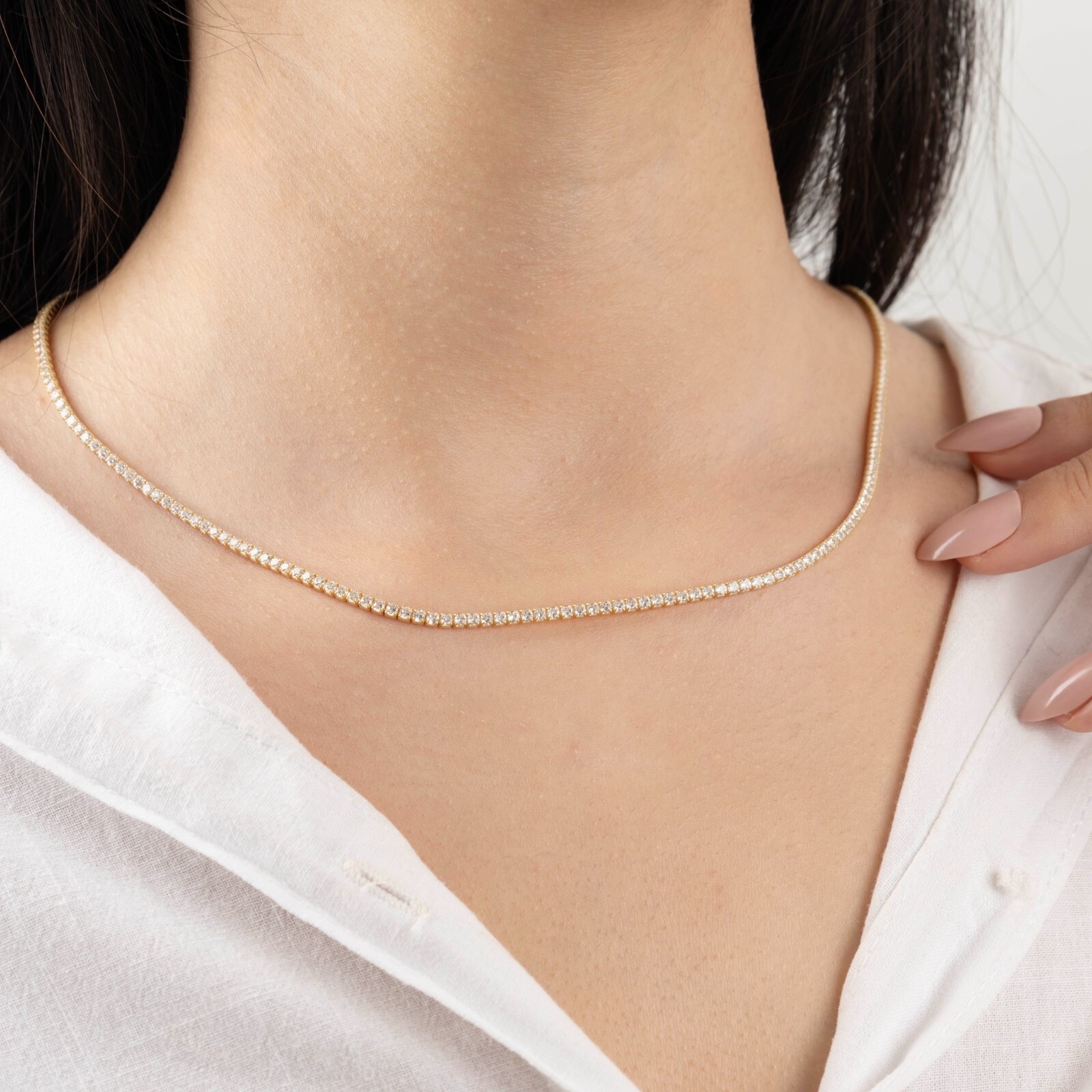 14k Gold Diamond Tennis Necklace, 3mm Round Diamond Tennis Necklace Women Her