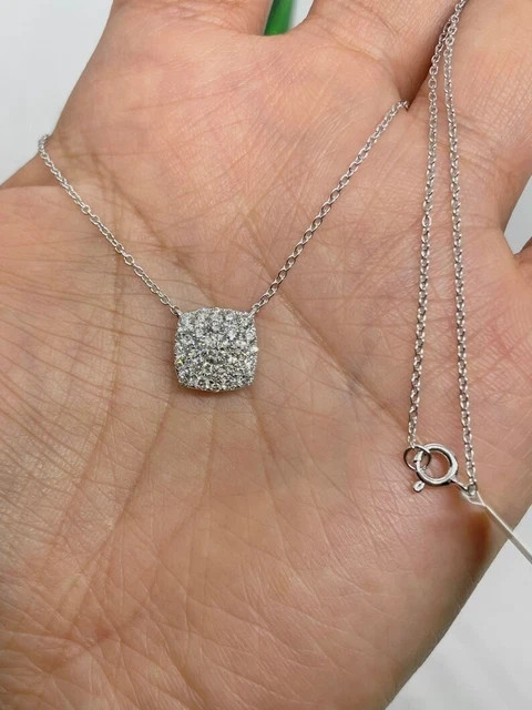 Real Moissanite 1.30Ct Round Cut Cushion Halo Stud Pendant 14K White Gold Plated