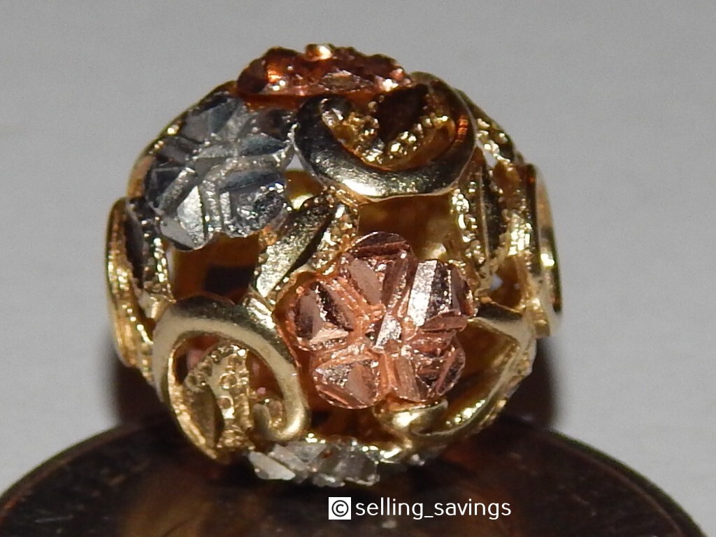10K YELLOW WHITE ROSE GOLD DIAMOND CUT 1/2 INCH DIAMETER BEAD BALL PENDANT