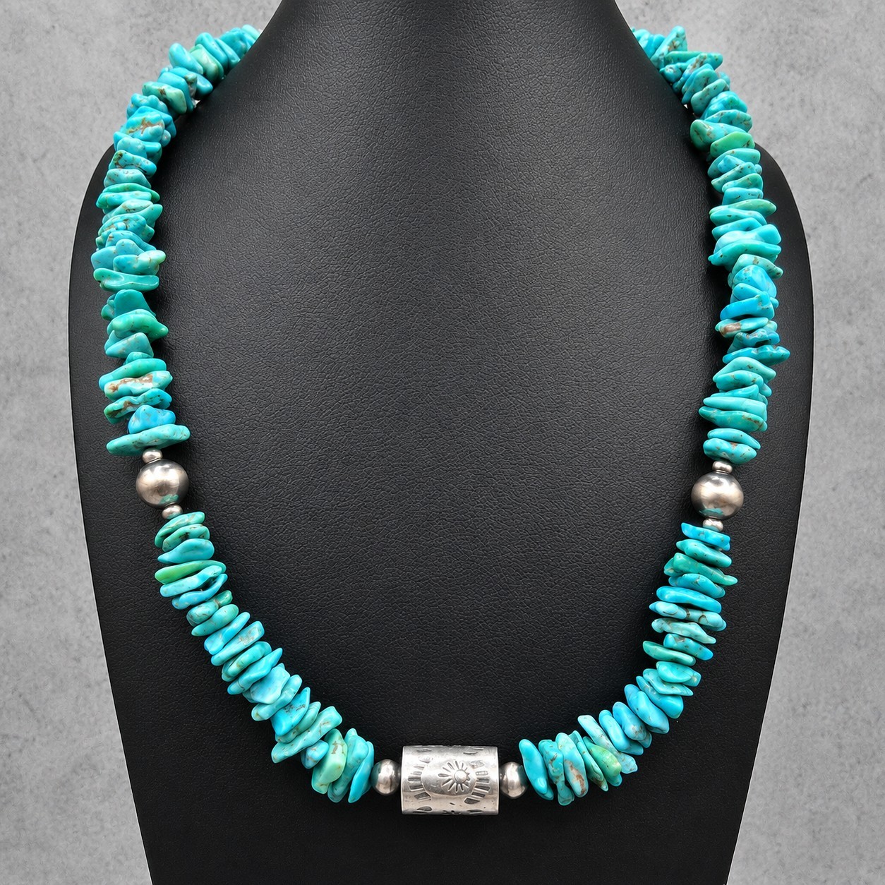 Turquoise Chip Navajo Pearl Barrel Bead Necklace Southwestern Sterling Silver