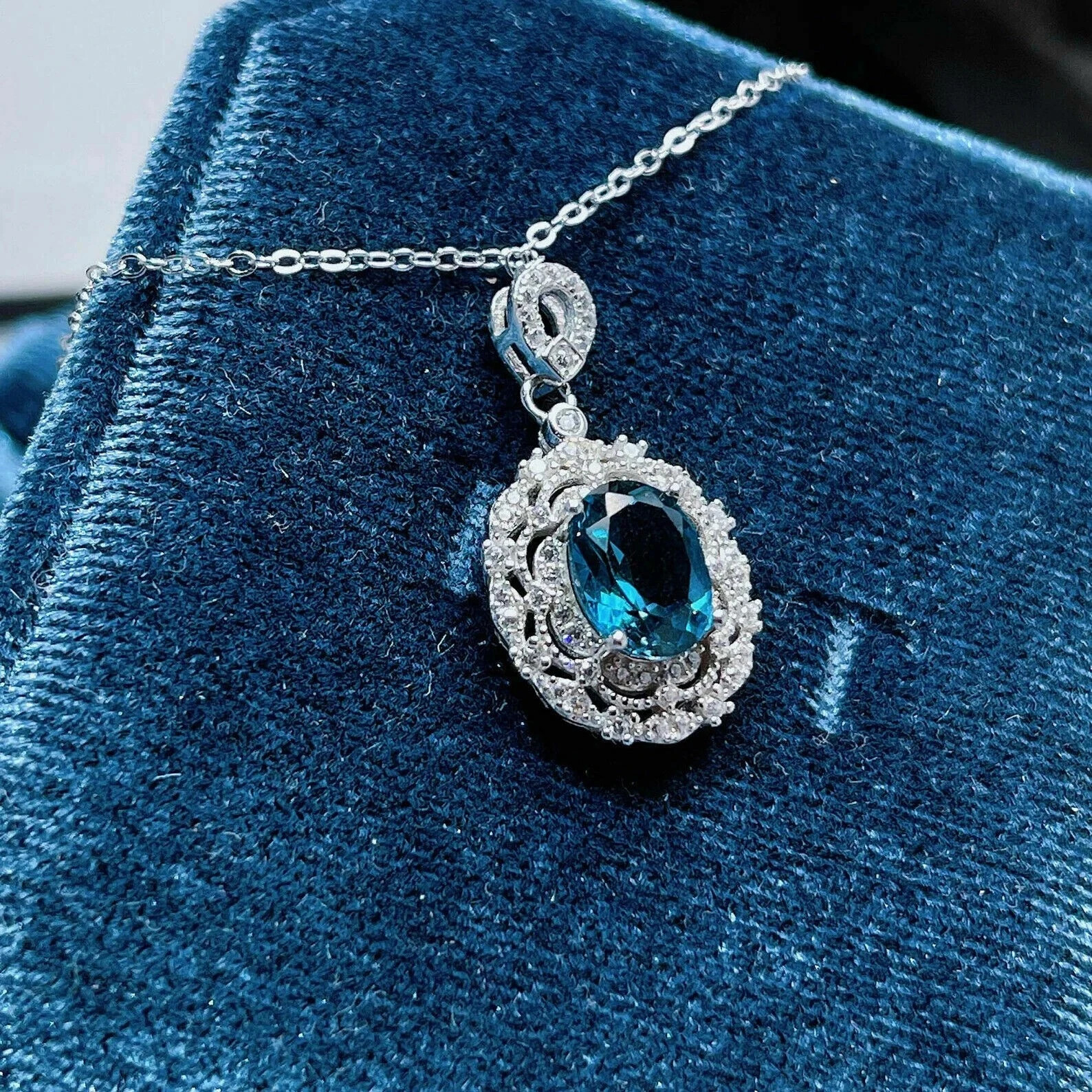 2.20Ct Oval Cut London Blue Topaz Designer Pendant 14K White Gold Finish Chain