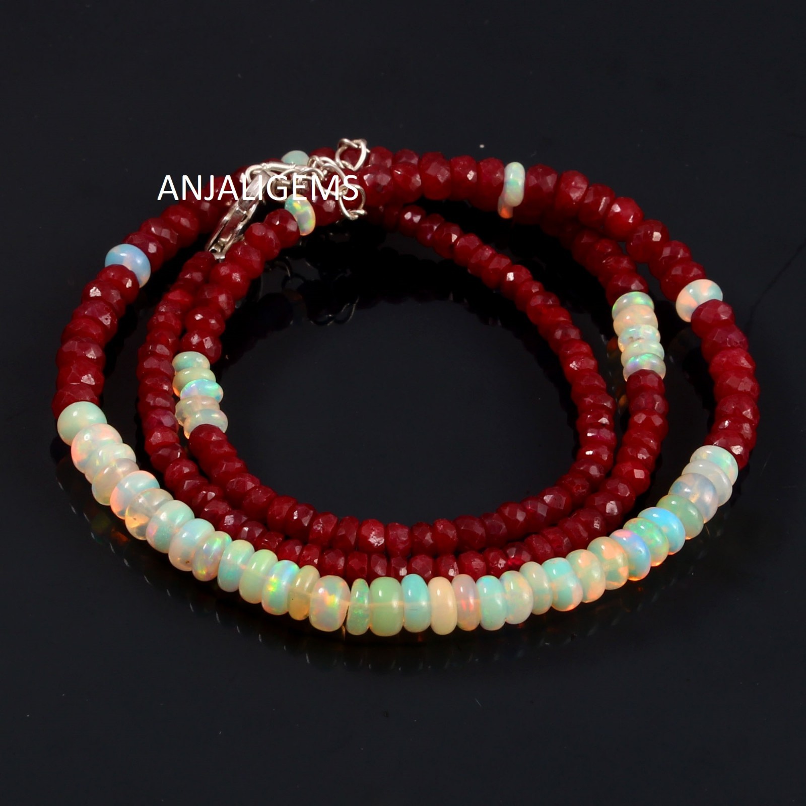 AAA+ Natural Ruby And Opal Gemstone Beads Necklace In 925 Silver Woman Jewelry