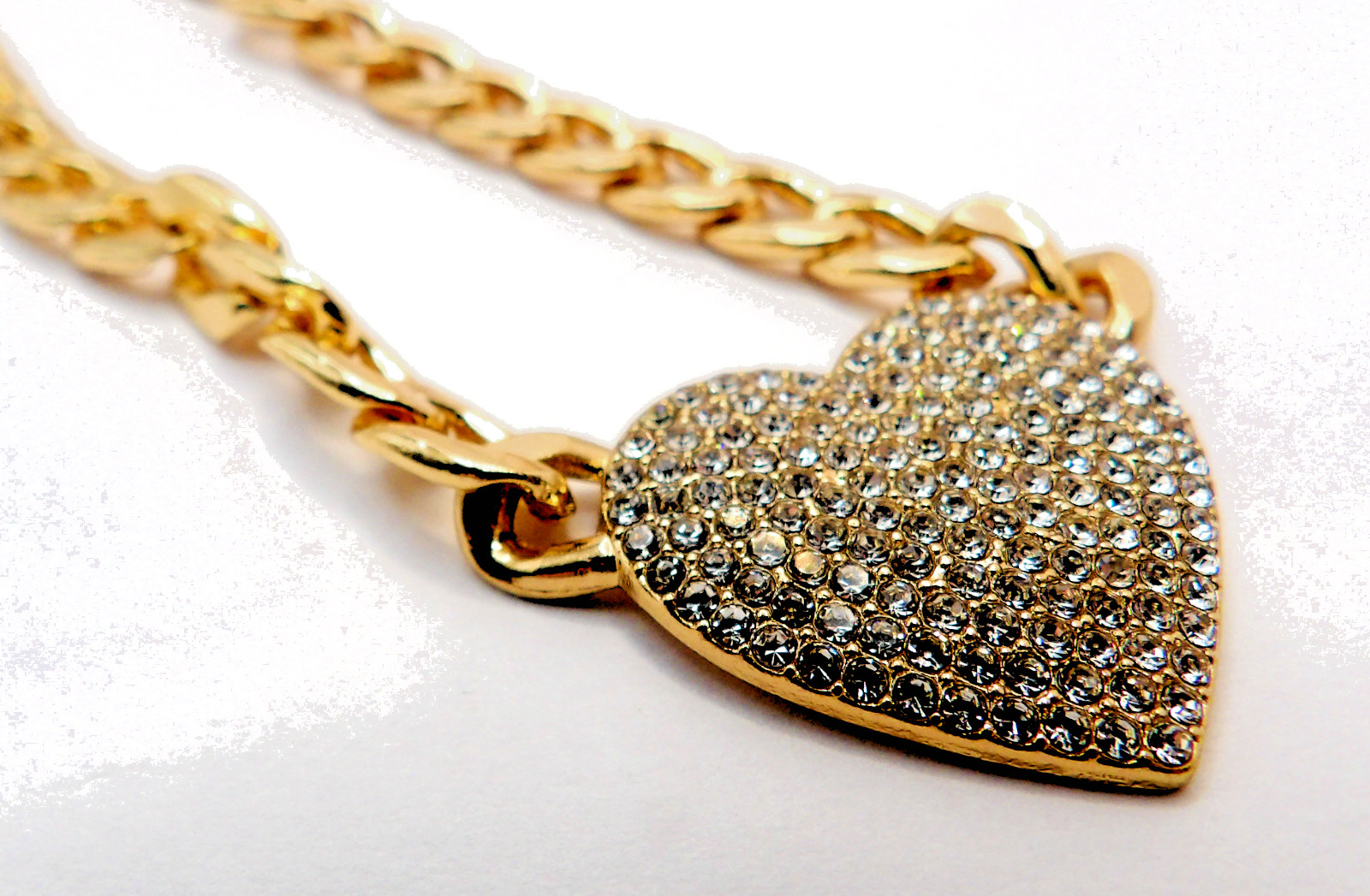 Gold Tone Heart Pendant Necklace Rhinestone Pave Curb Chain Fashion Jewelry