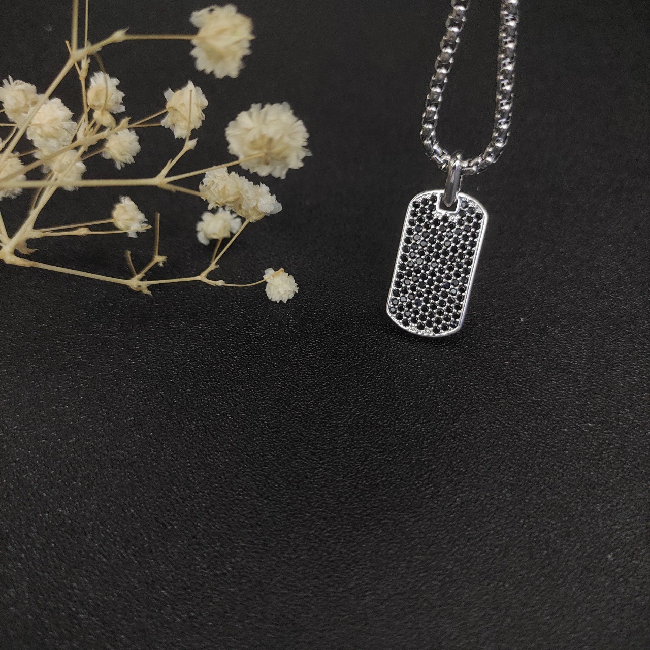 David Yurman 925 Silver Pavé Black Diamond Dog Tag Pendant Box Chain Necklace 55
