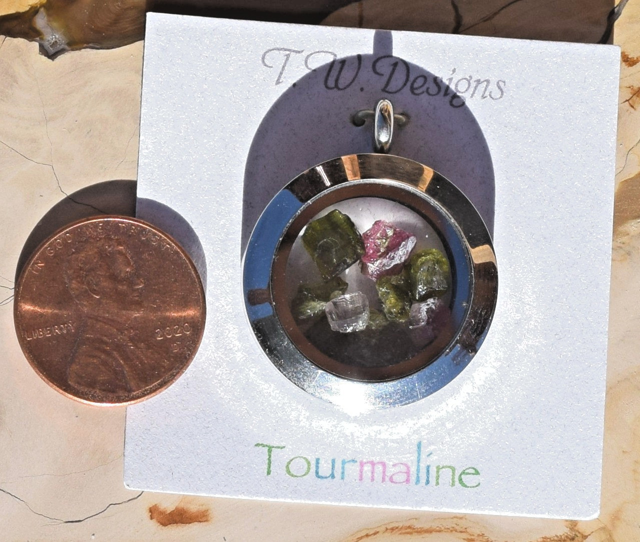 Tourmaline Floating Gems Polished Stainless Steel Locket Pendant