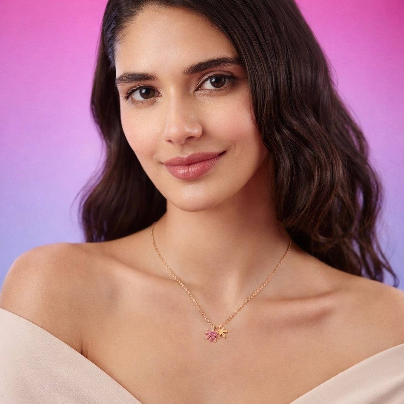 925 Sterling Silver 14K Rose Gold Plated Pink Double Leaf Charm Necklace Her