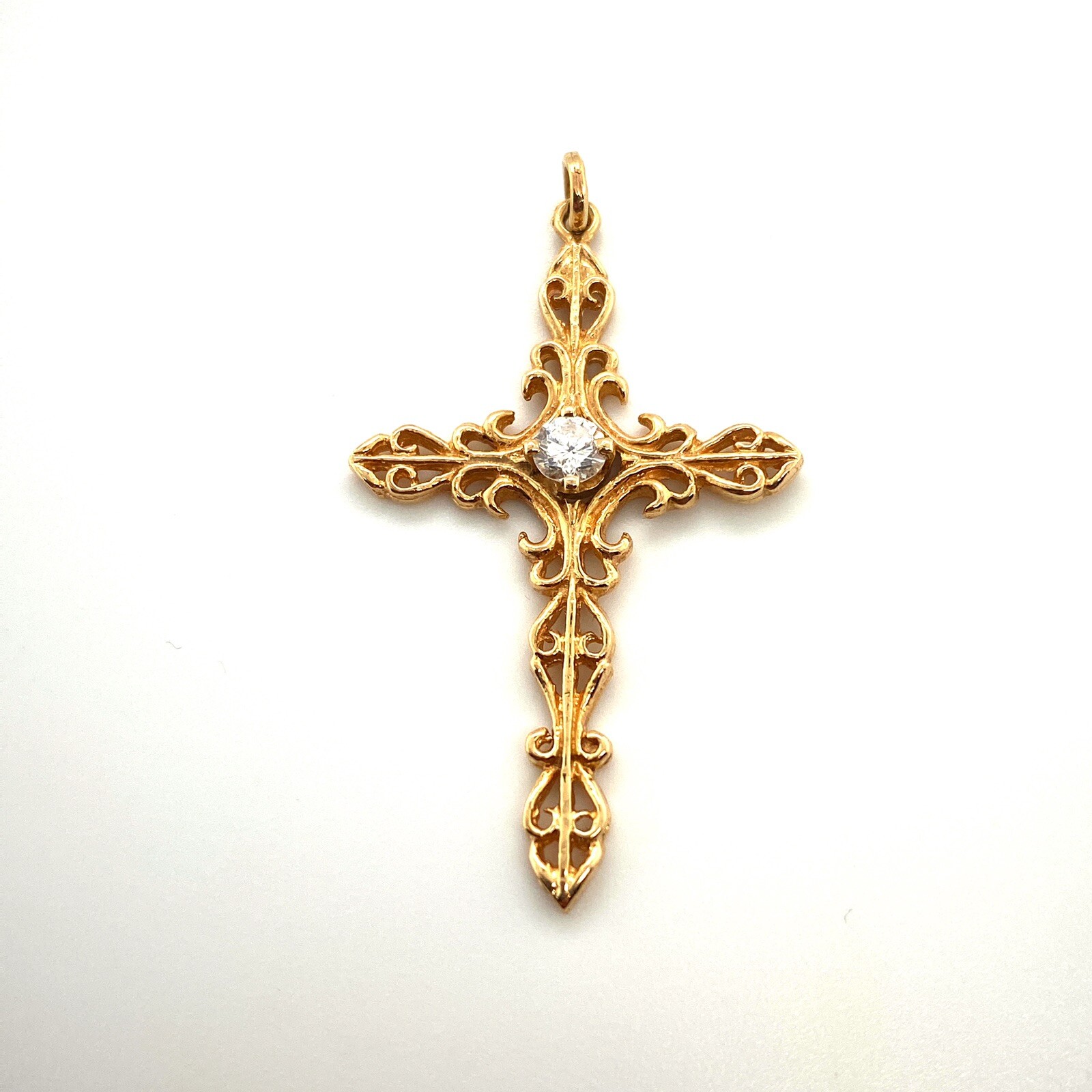 Vintage 14k Yellow Gold 0.25 Ct Diamond Open Swirl Cross Pendant Female / Male