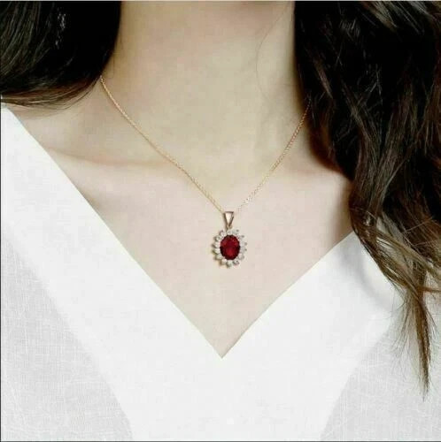 Oval Cut Lab Created Red Ruby Womens Pendant with Chain 14K Yellow Gold Plated