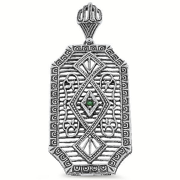 GENUINE EMERALD 925 STERLING SILVER DECO ANTIQUE STYLE FILIGREE PENDANT 162X