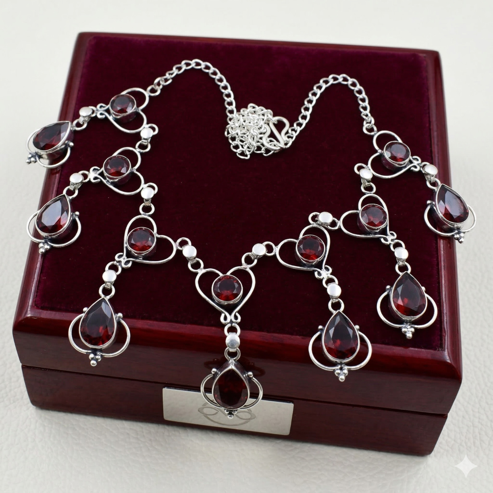 925 Sterling Silver Red Garnet Gemstone Handmade Jewelry Necklace Size-18″