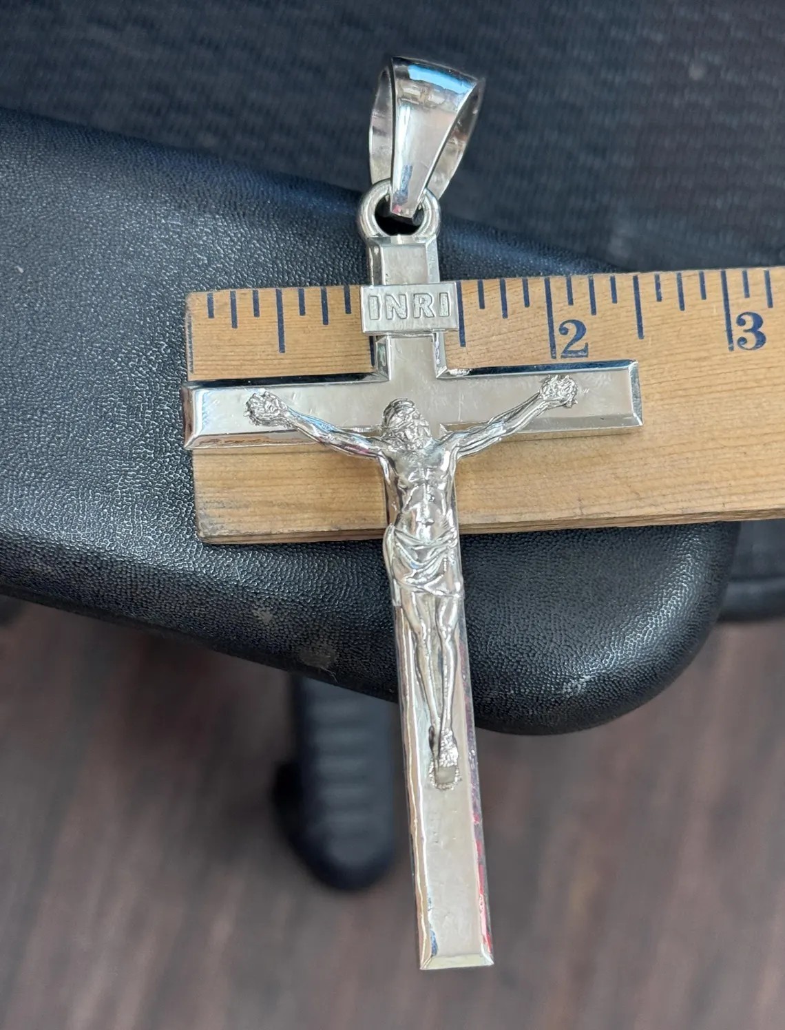 Large beveled 5″ heavy Cross Crucifix Jesus Christ Charm Pendant Silver .925