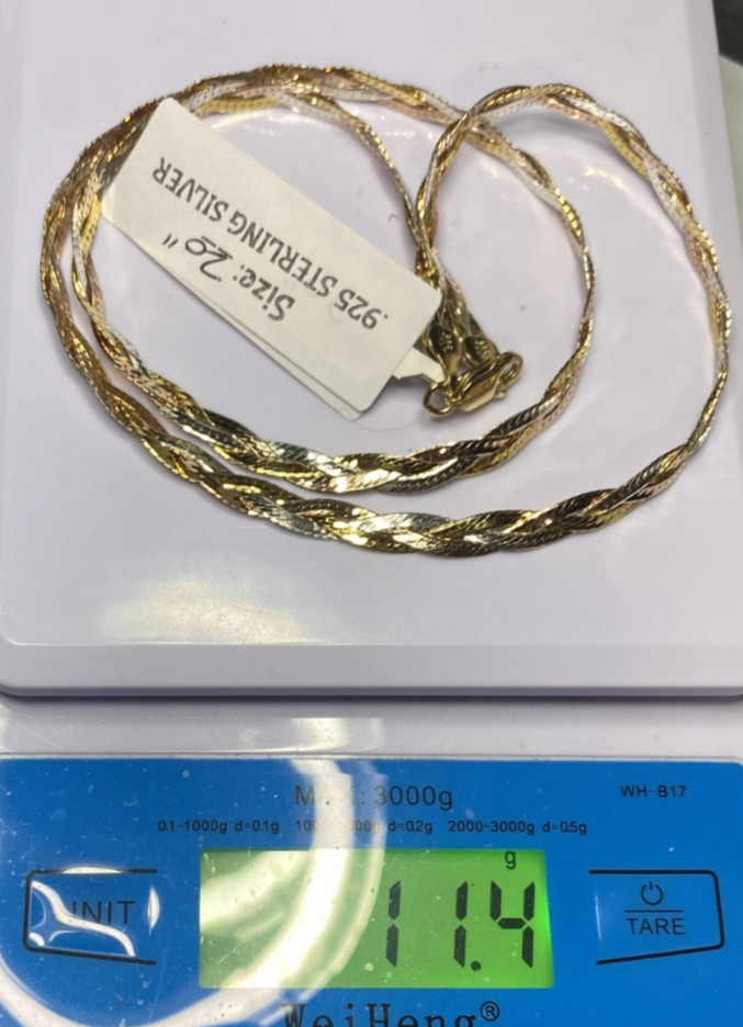 22K Gold over Sterling Silver AGI Signed Tri-Color Braided Necklace, 20″, 11.2g