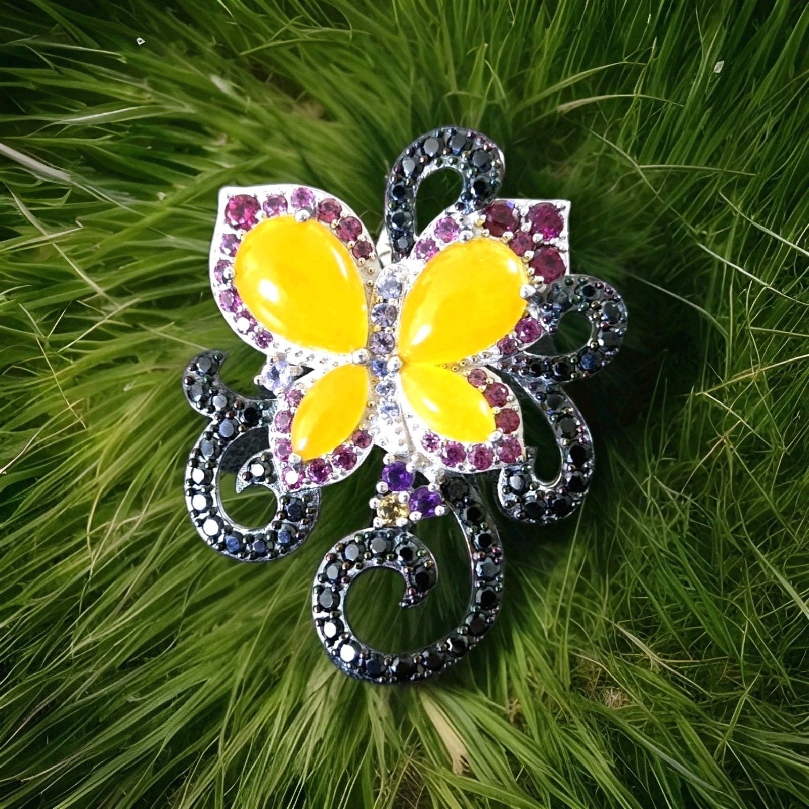 🦋BIG HONEY JADE, TANZANITE ++ 925 STERLING MULTI GEM BUTTERFLY ENHANCER PENDANT