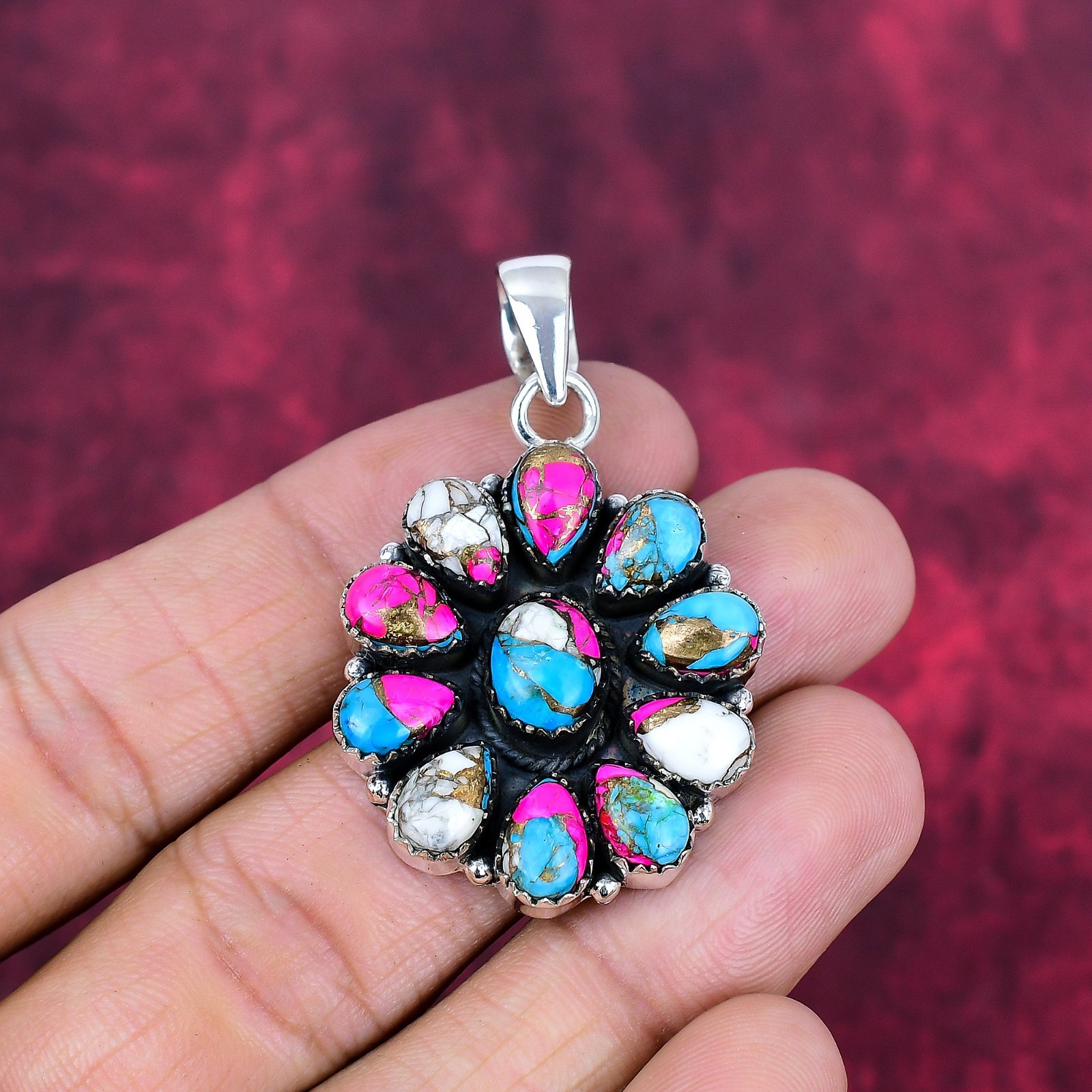Cotton Candy Turquoise Gemstones Handmade 925 Sterling Silver Pendant Jewelry