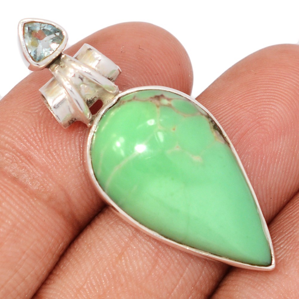 Natural Variscite – Mine Utah, USA & Blue Topaz 925 Silver Pendants CP75727