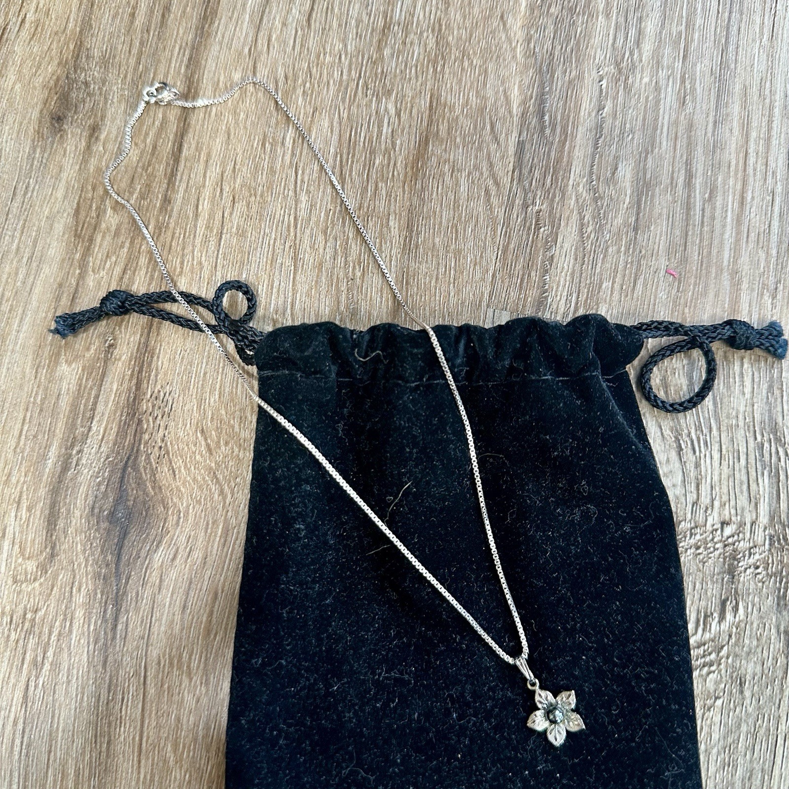 Sterling Silver Box Link Chain Necklace AGI Italy with Flower Pendant