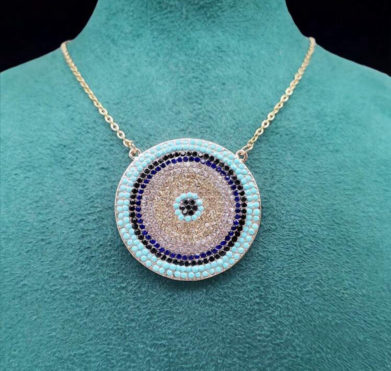 Large Evil Eye Necklace Rhinestone Gold Protection Amulet Good Luck Karma NEW