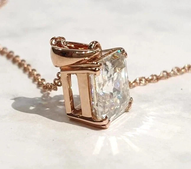 2Ct Asscher Cut Moissanite Solitaire Pendant Necklace 18″ 14K Rose Gold Plated