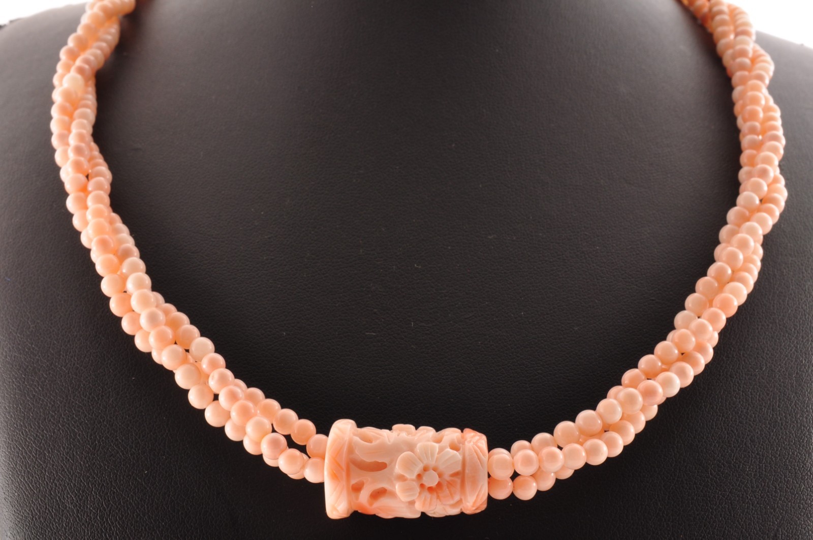 14k gold clasp pink coral necklace carved “cherry blossoms” Certification box.