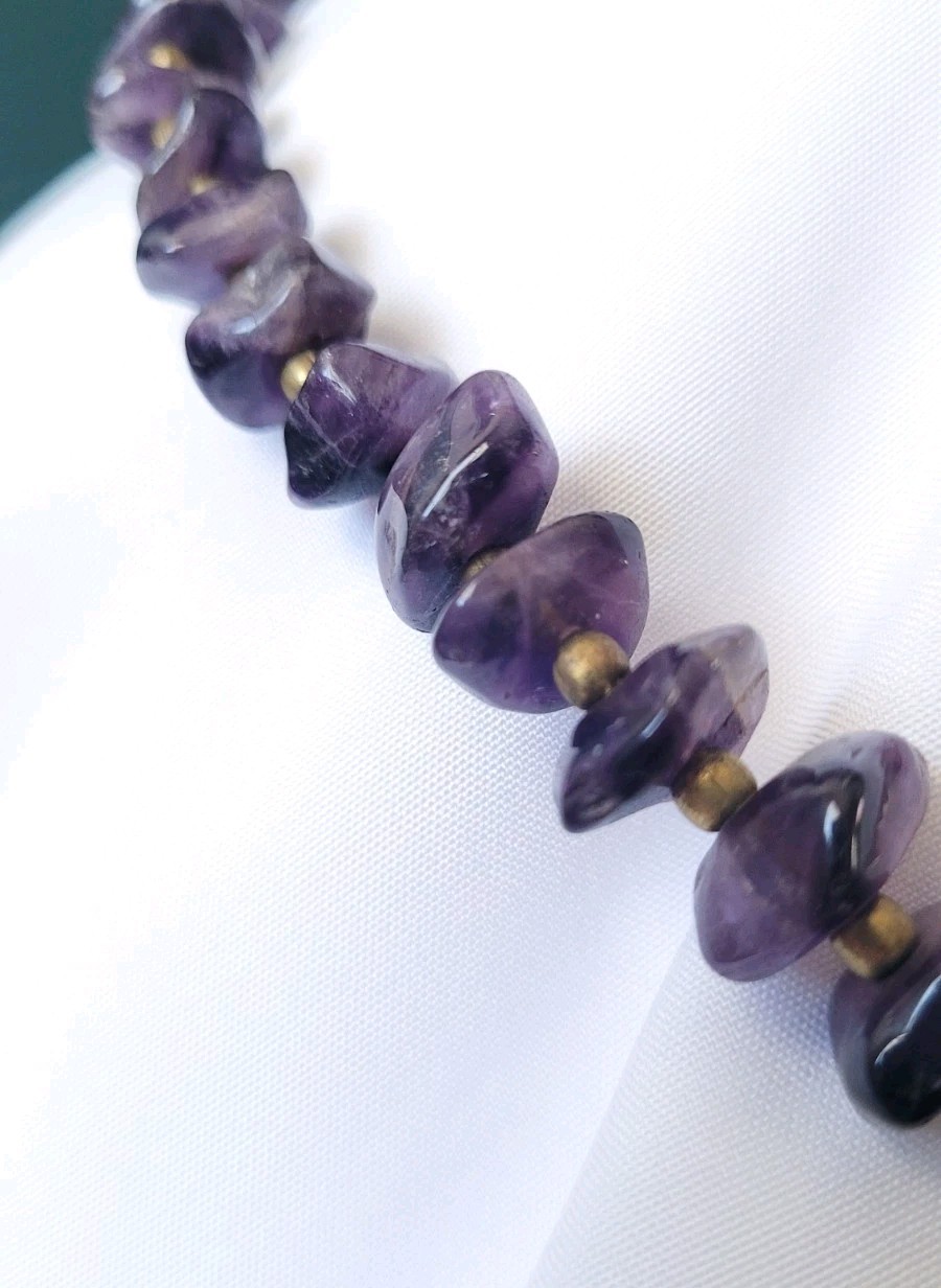 Vintage Amethyst with Brass Beads Necklace -Graduated Stones 7- 12 mm -18″L