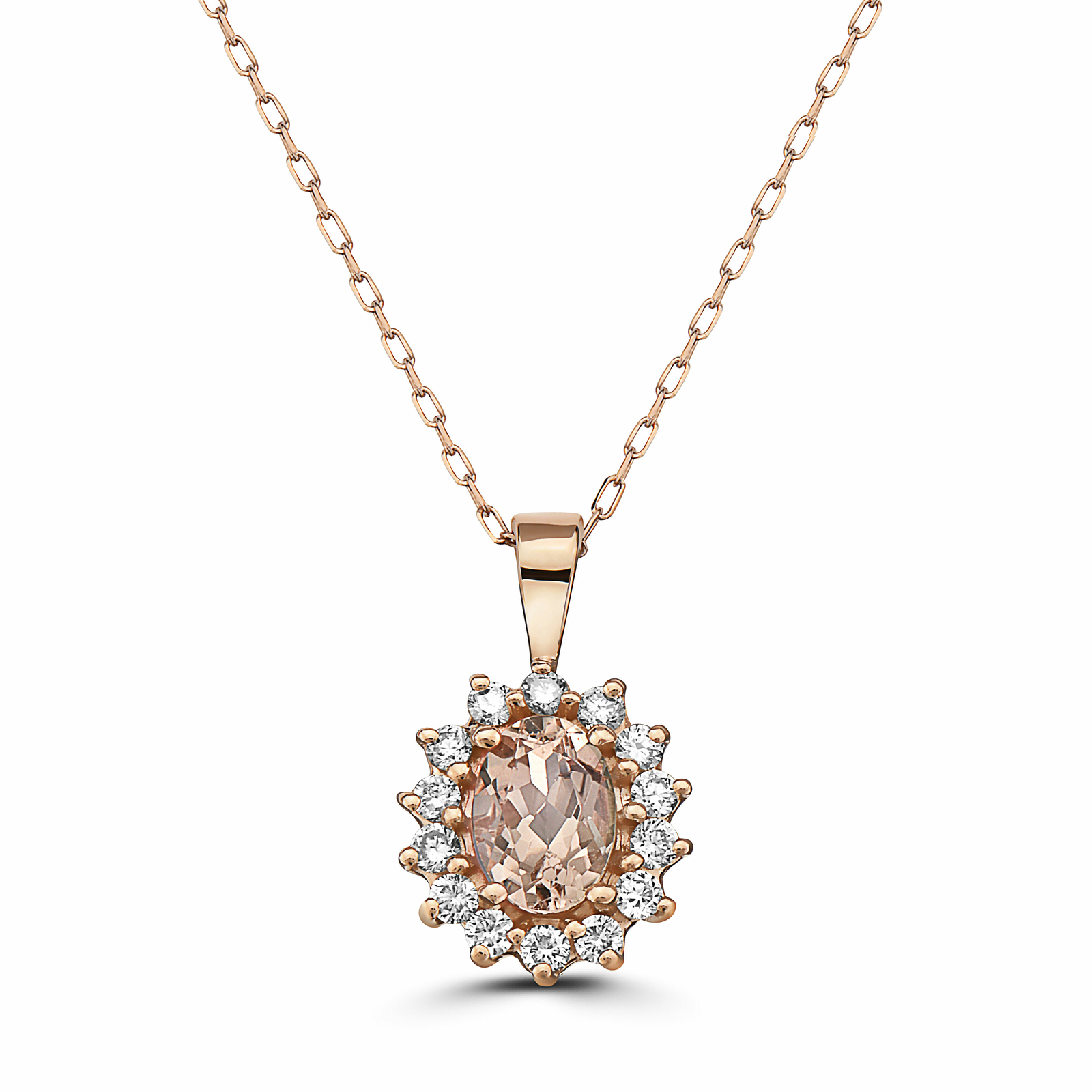 Birthstone 14K Rose Gold Morganite Nude Diamond 1.48 cts 18″ Pendant Necklace