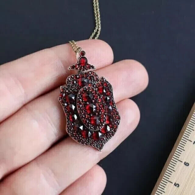 14K Yellow Gold Plated Round Lab Created Garnet Antique Bohemian Shield Pendant