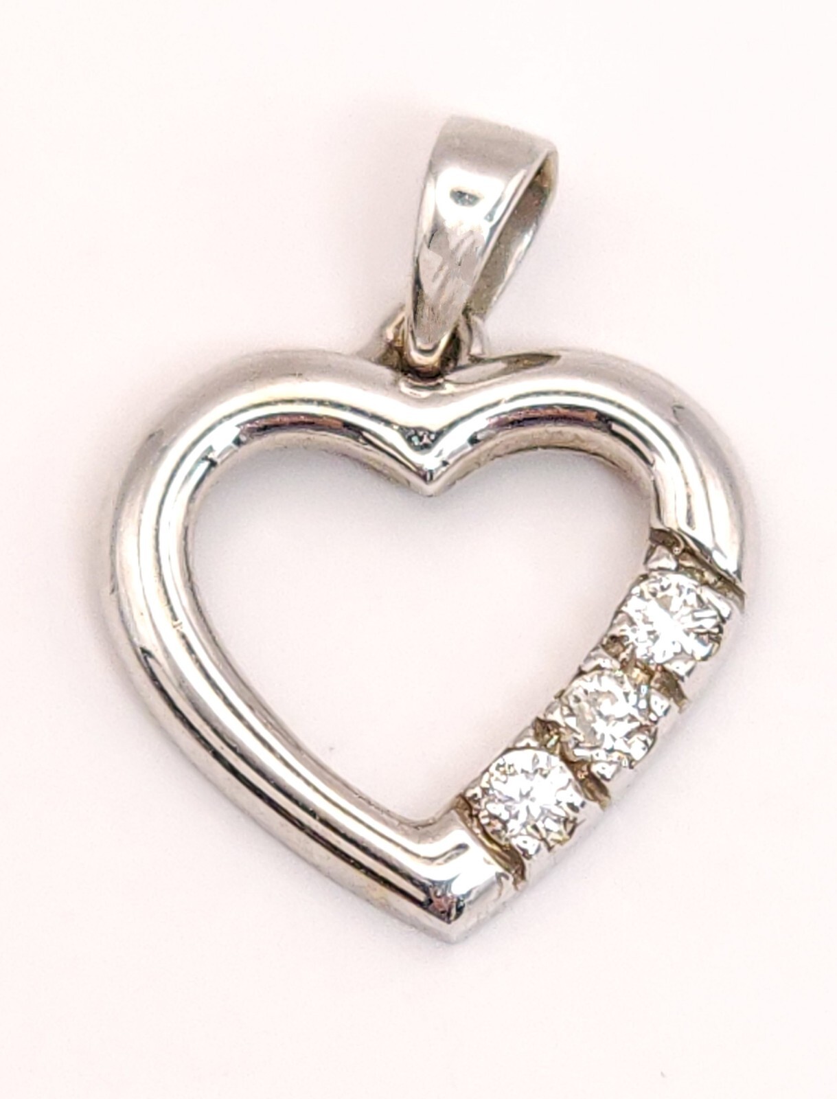 *14k White Gold Open High Polish Heart Pendant 3 Three Diamond 1/2 inch signed