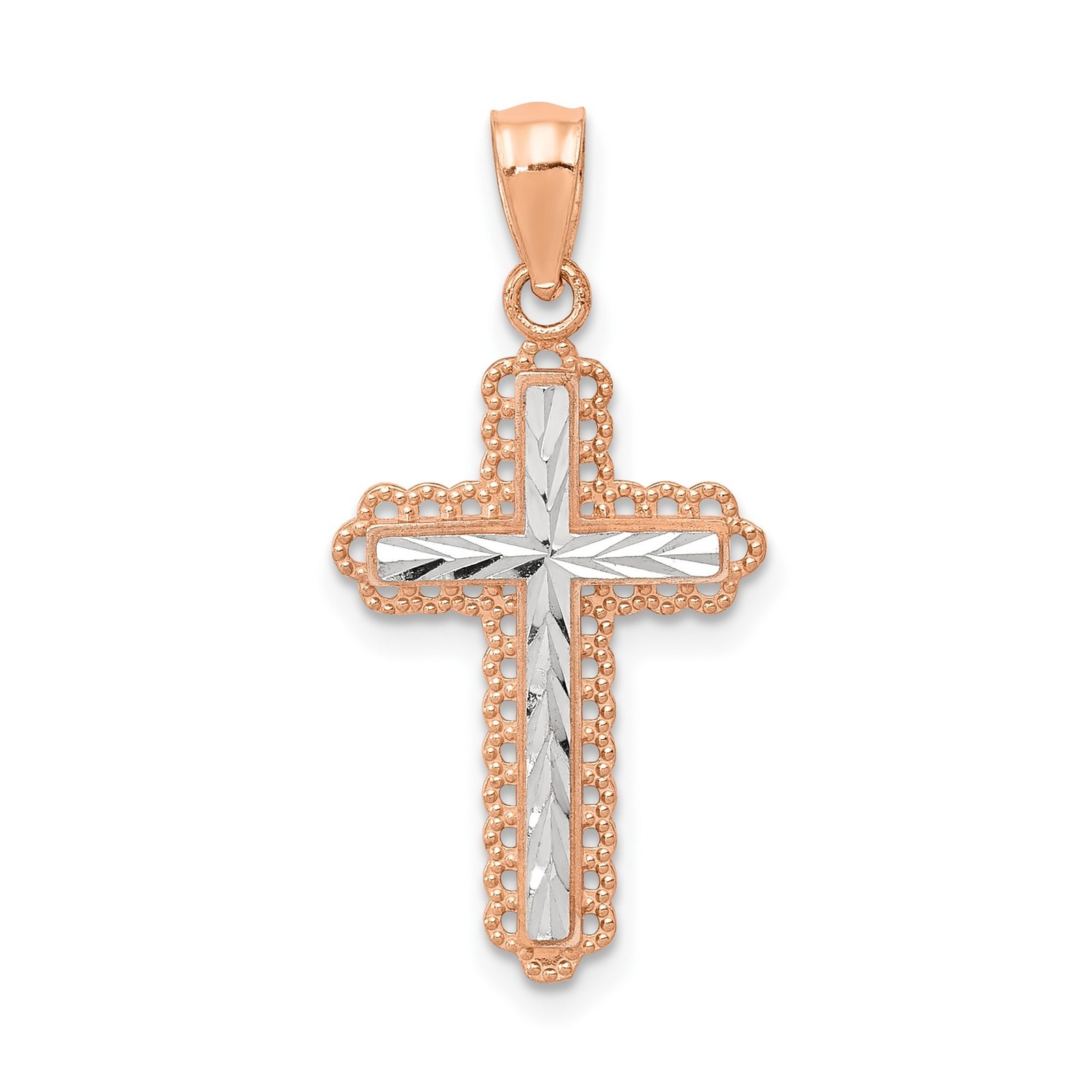 14k Rose Gold Cross Pendant Women White Gold Center Beaded Edge Christian Jewelr