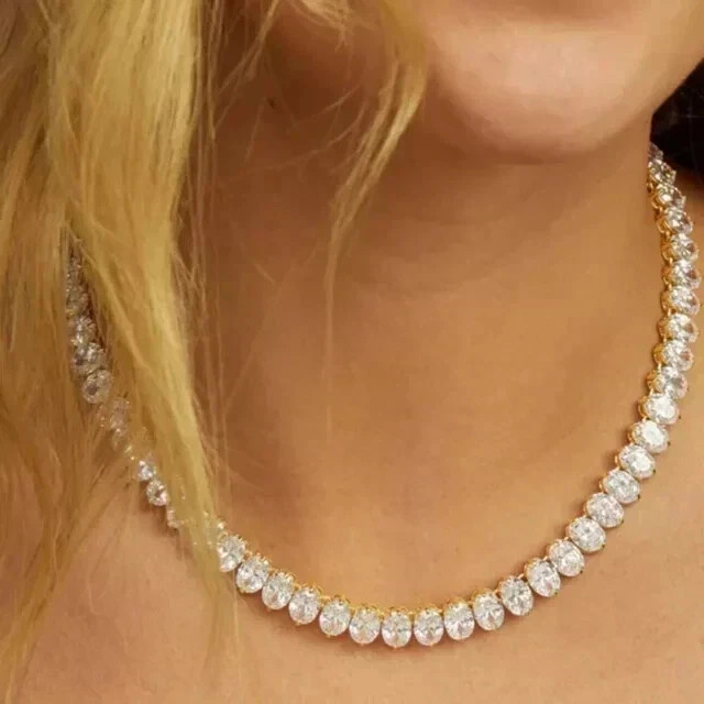 22CT Oval Cut Lab Created Diamond 14k Yellow Gold Plated Tennis Necklace