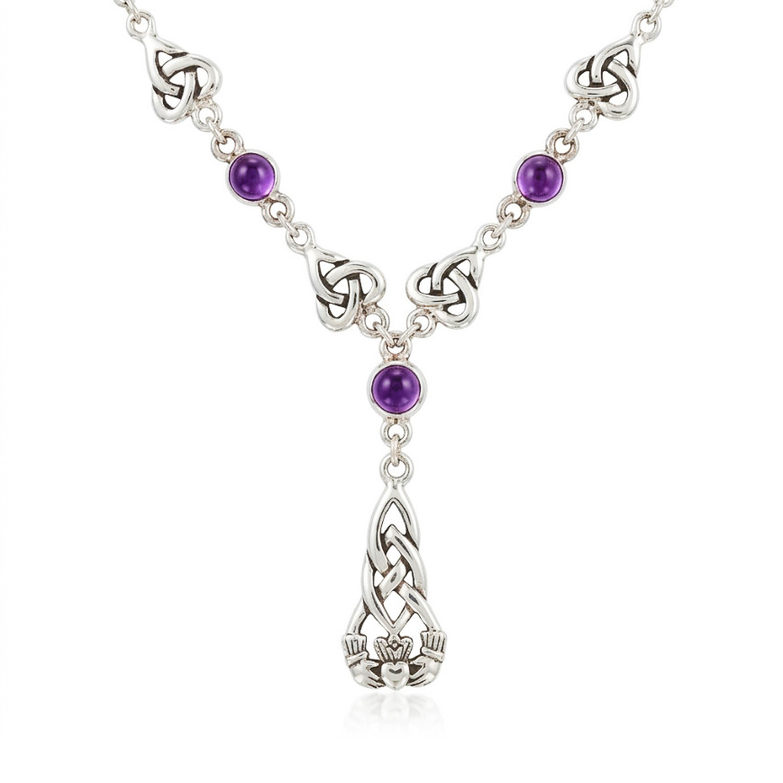 Vintage 925 Sterling Silver Amethyst Celtic Claddagh Necklace