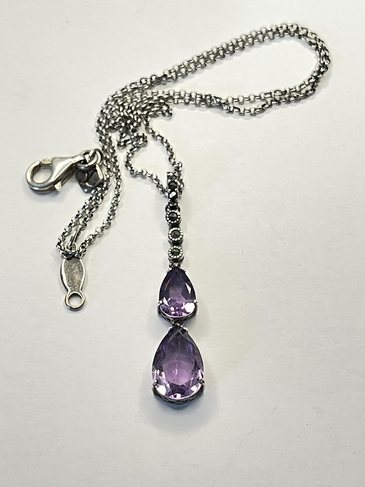 Two Pear Shaped Amethysts and Marcasite Sterling Silver Pendant Necklace 5 Grams
