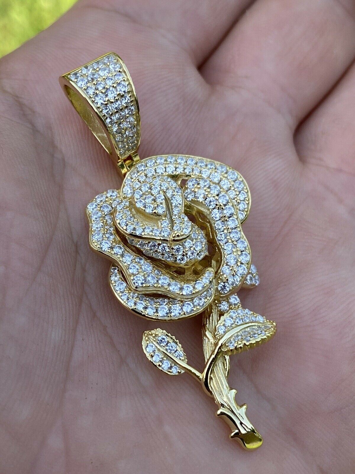 Real MOISSANITE 925 Silver Rose Flower Pendant Necklace 14k Gold Plated Iced