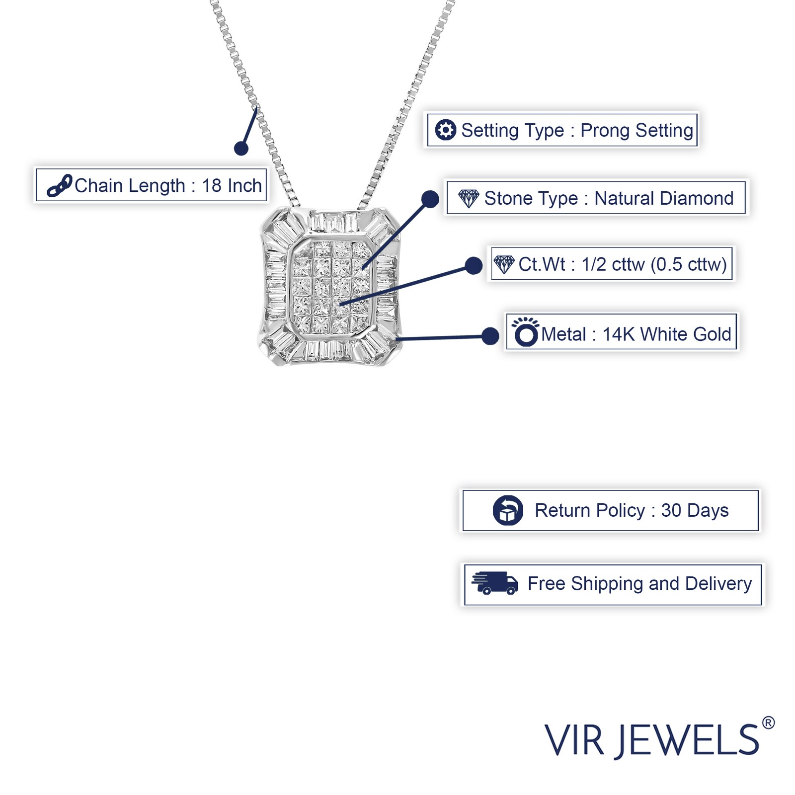 1/2 ct Princess Diamond Pendant Necklace Women in 14K White Gold Square 1/3 Inch