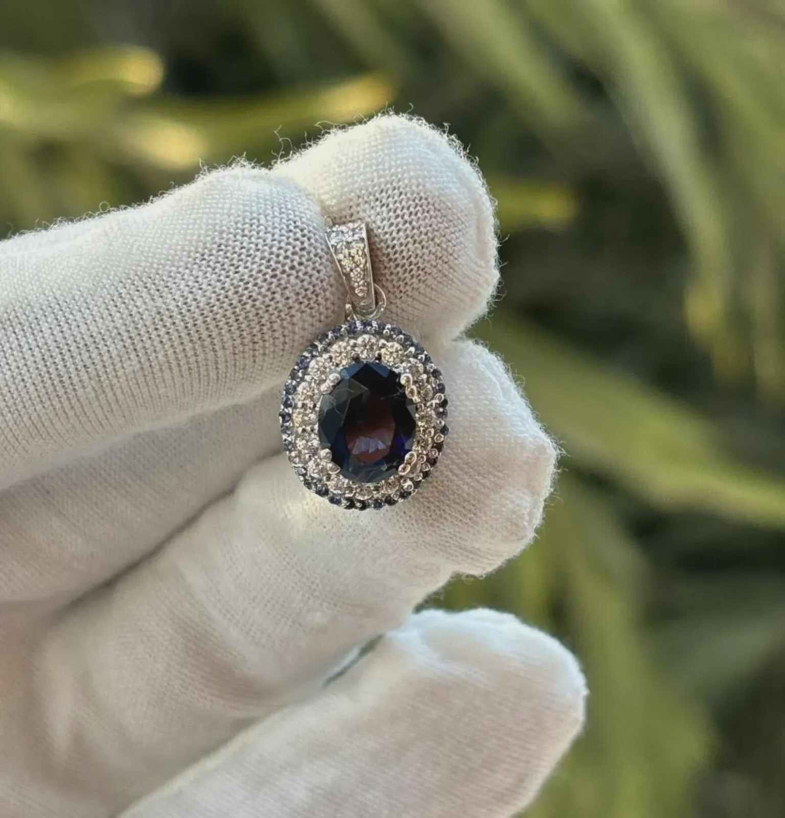 2 Ct Lab Created Oval Cut Halo Blue Sapphire Women Pendant 14K White Gold Plated