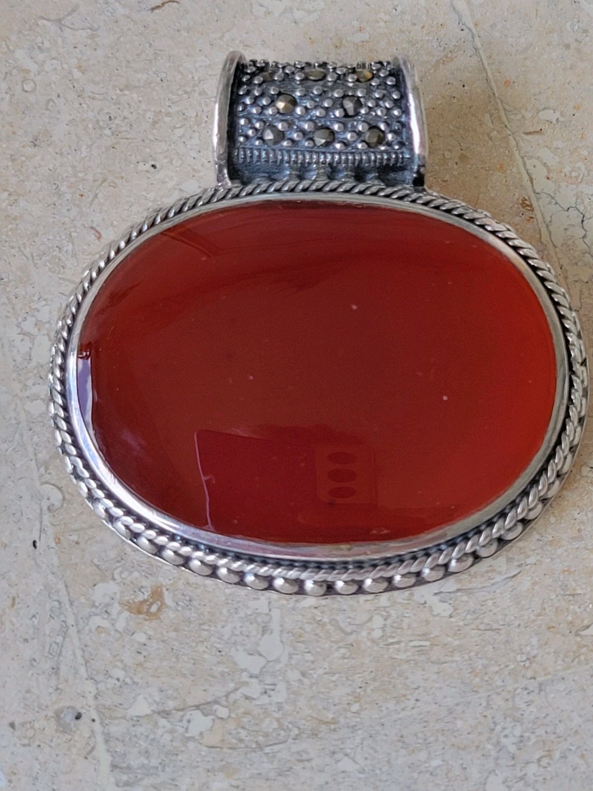 FINE CARNELIAN OVAL PENDANT, STERLING/ LARGE ROUND MARCASITE BALE