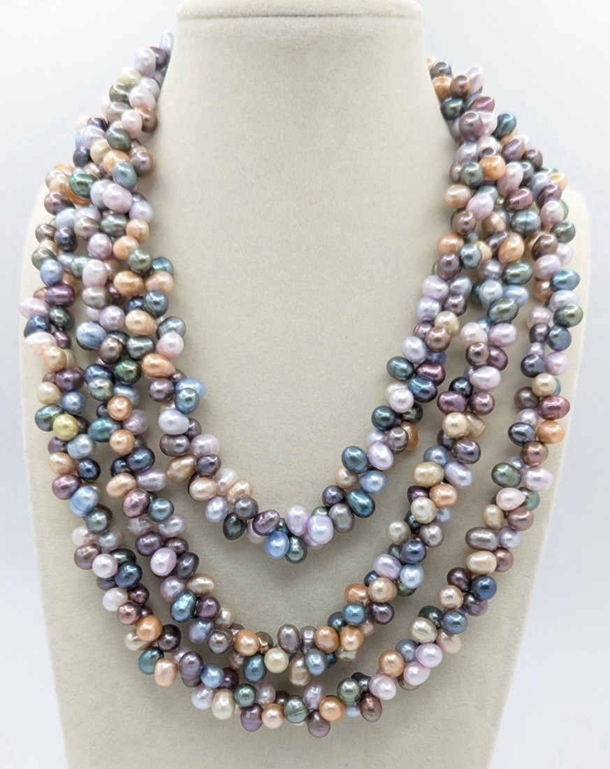 Unbranded Pastel Cultured Pearl Triple Strand Necklace With Abalone Clasp 17″
