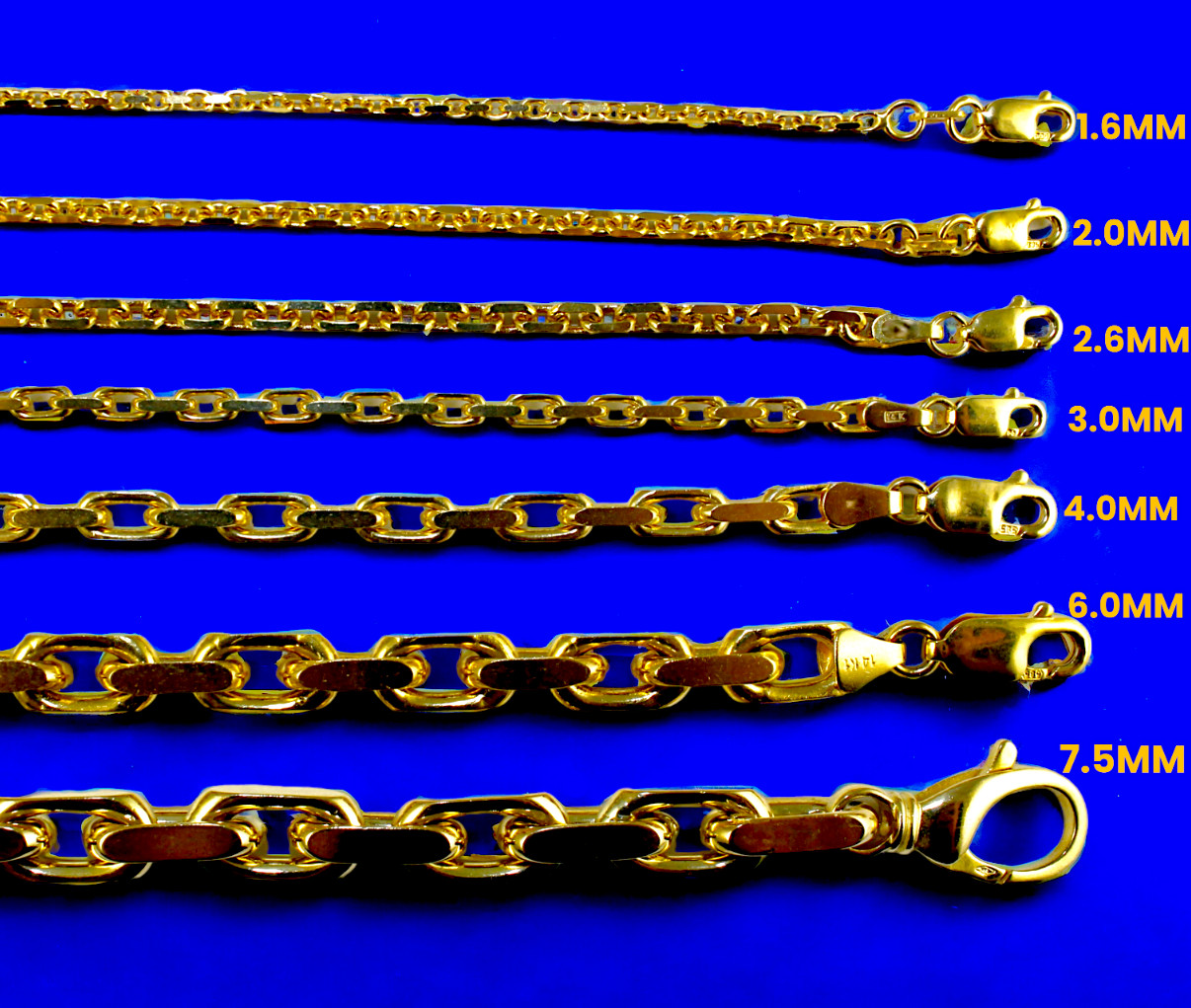 14K Yellow Gold SOLID Rolo Cable Necklace Bracelet Chain 1.5mm-7.5mm 7″-30″