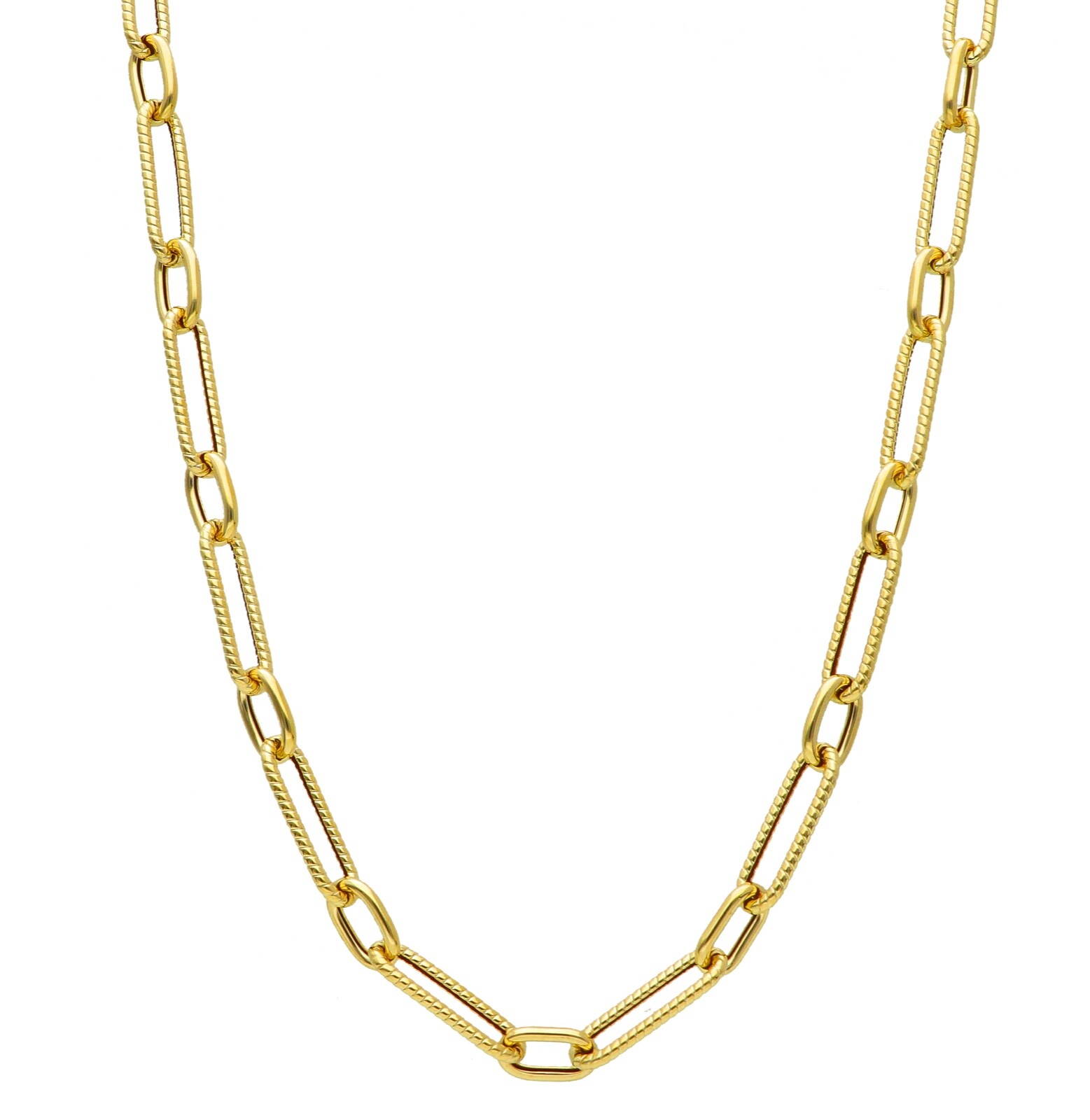 18K YELLOW GOLD NECKLACE PAPER CLIP 6×10 & 6x20mm ALTERNATE STRIPED SMOOTH OVALS