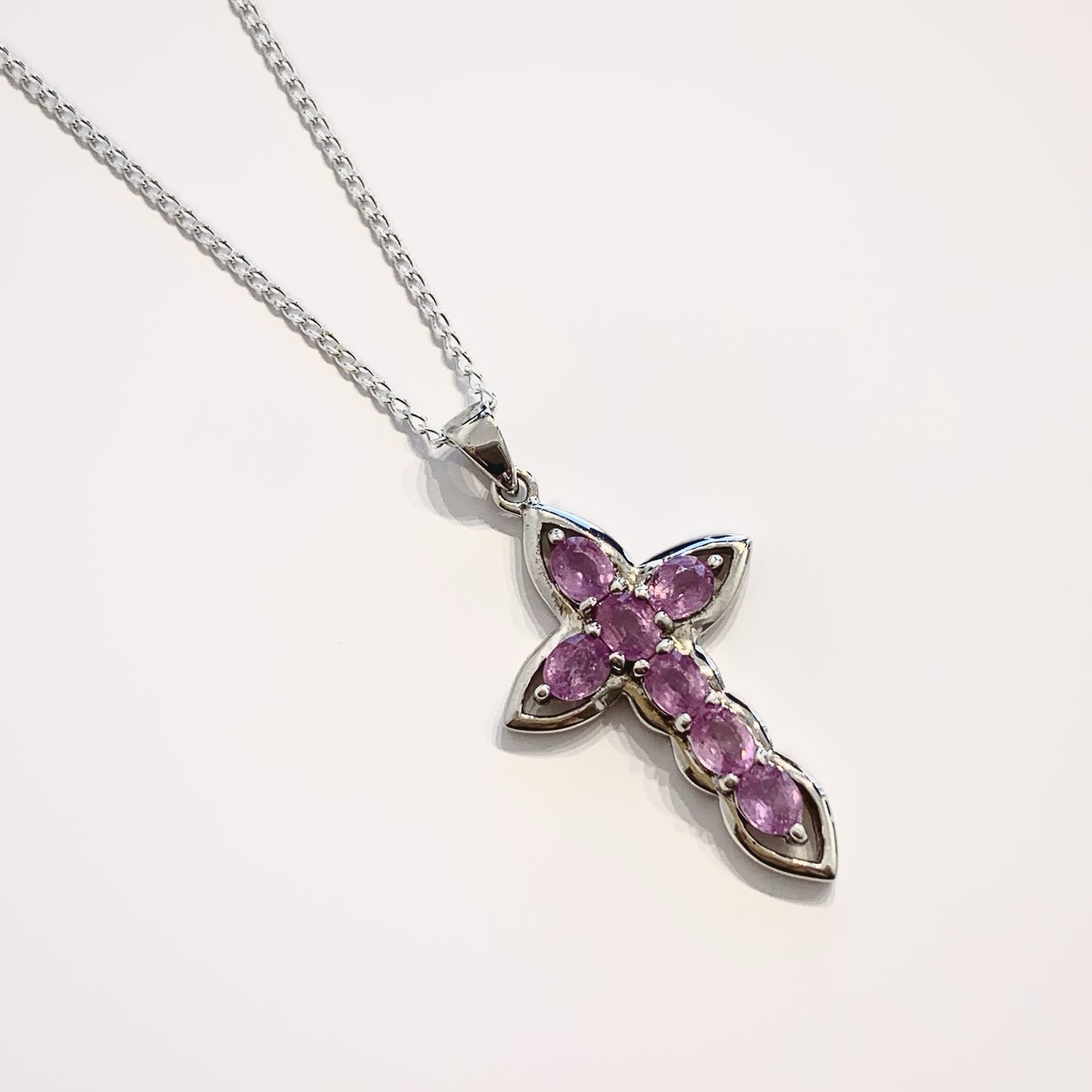 Sterling Silver 925 Pink Topaz Cross Pendant Chain Necklace – 16″ Inches