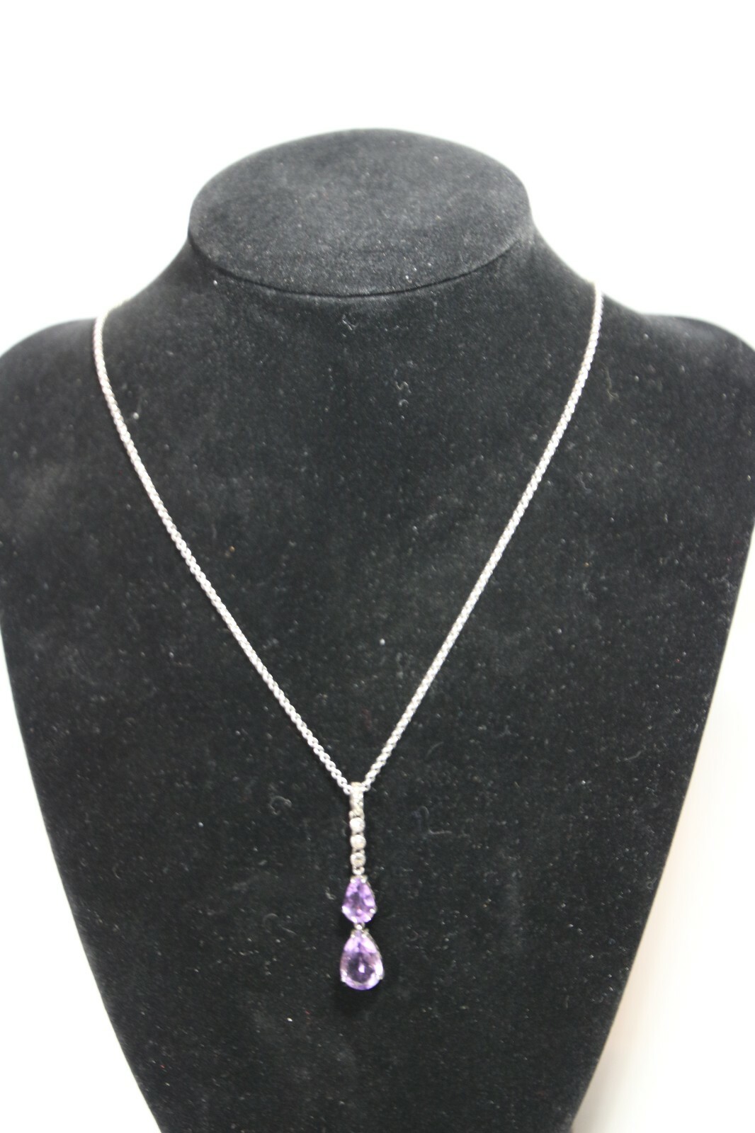 Two Pear Shaped Amethysts and Marcasite Sterling Silver Pendant Necklace 5 Grams