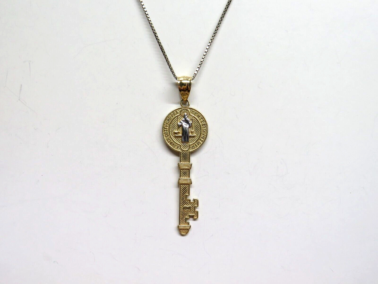St BENEDICT 14K Yellow & White Gold Religious Key Pendant Charm